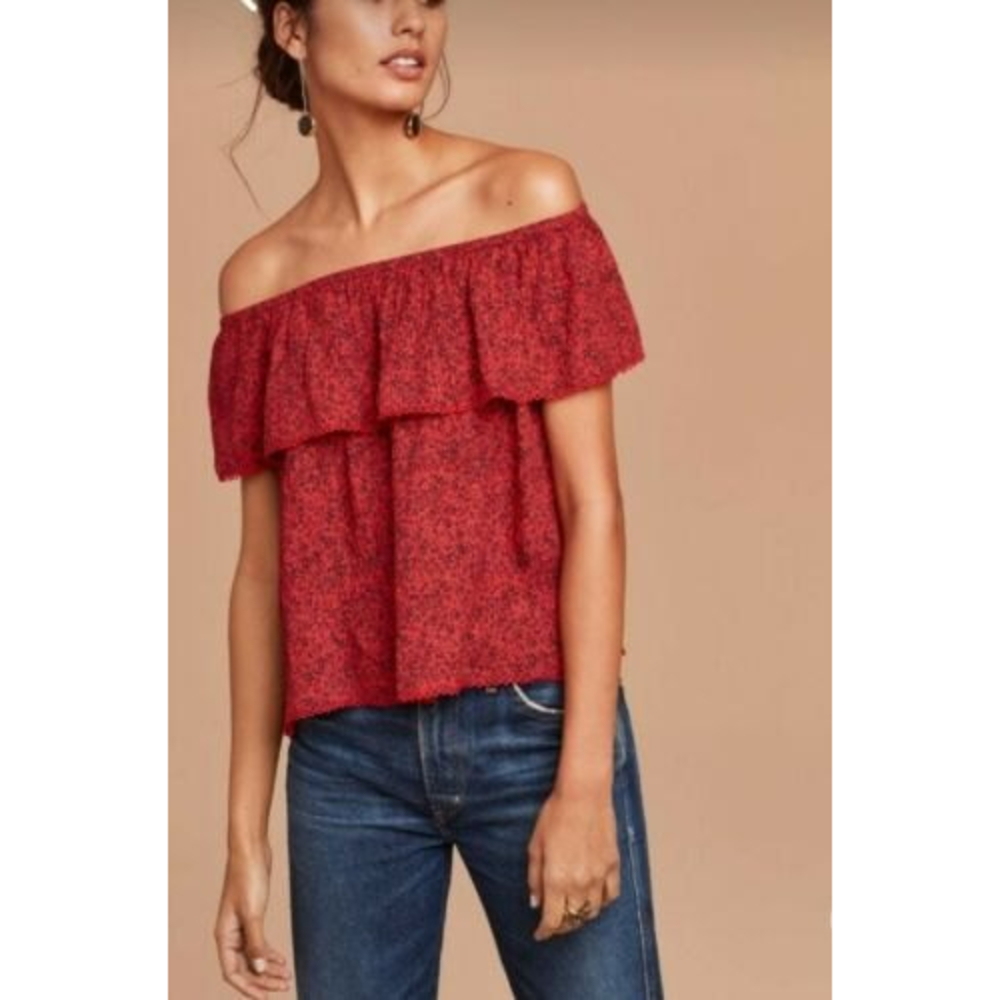 Aritzia Wilfred Promener Orange Red  Black Floral Ruffle Off The Shoulder Blouse